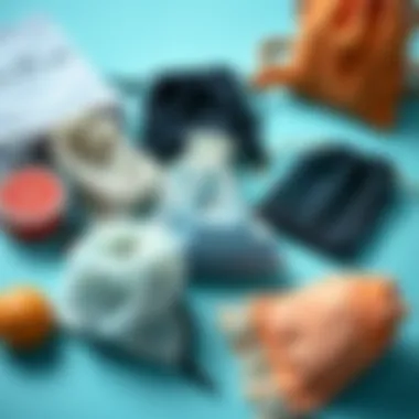Various small mesh drawstring bags arranged artistically in a flat lay composition