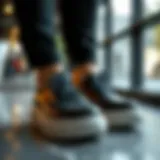 An elegant pair of thick sole walking shoes showcased on a stylish surface