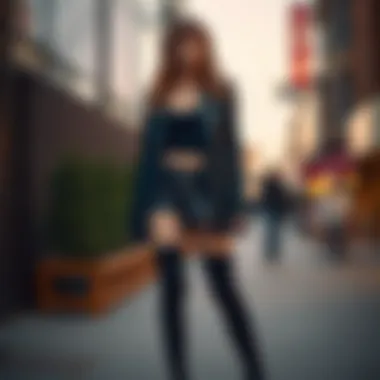 Chic Outfit with Thigh-High Leg Warmers A fashionable individual showcasing thigh-high leg warmers paired with a chic outfit.