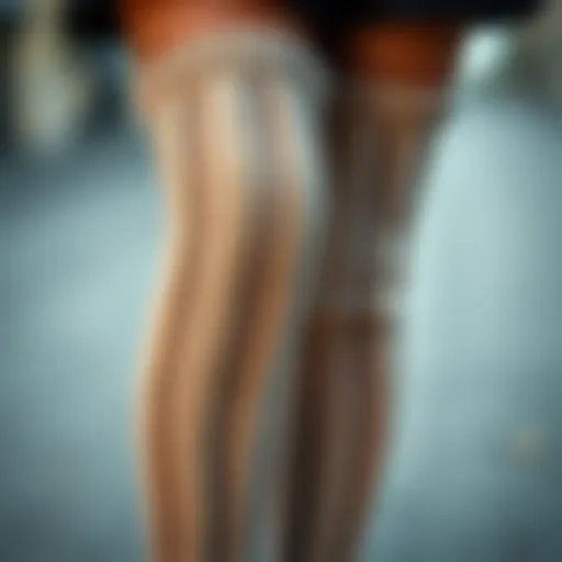 A close-up view of luxurious thigh-high leg warmers made from soft yarn.