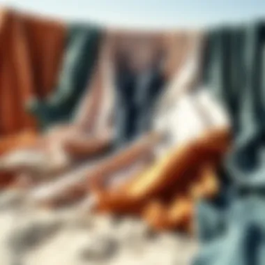 Variety of cover-up fabrics displayed on a sandy background