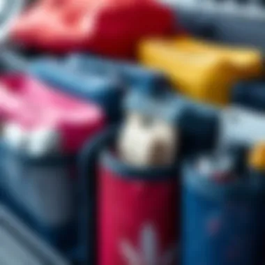 Colorful mesh pocket organizers neatly arranged for travel preparation