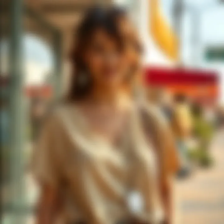 A well-styled outfit featuring a V-neck T-shirt with accessories