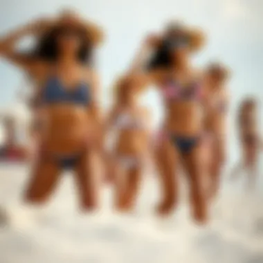 Stylish beach setting with models in various patriotic swimwear