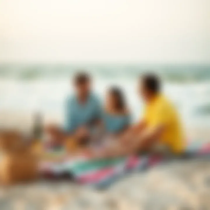 Family enjoying a picnic on an extra large beach blanket by the ocean
