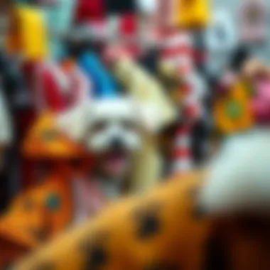 An array of colorful pet clothing hanging on a rack