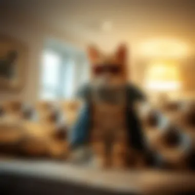 A cat in a trendy outfit sitting on a designer sofa