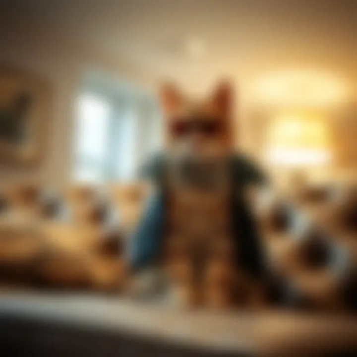 A cat in a trendy outfit sitting on a designer sofa