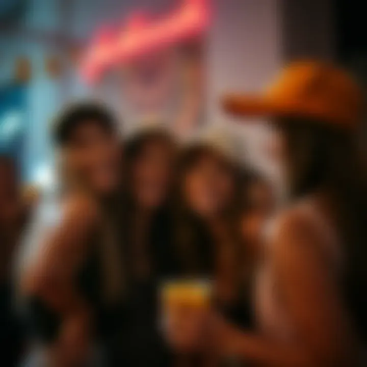 Group of friends wearing bachelorette baseball hats at a celebration