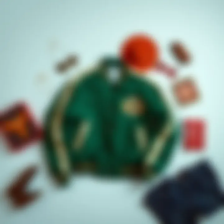 A flat lay arrangement featuring the green bone varsity jacket alongside complementary fashion items