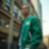 A stylish green bone varsity jacket presented against an urban backdrop
