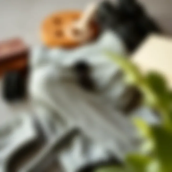 An artistic arrangement of grey bootcut yoga pants alongside yoga accessories.