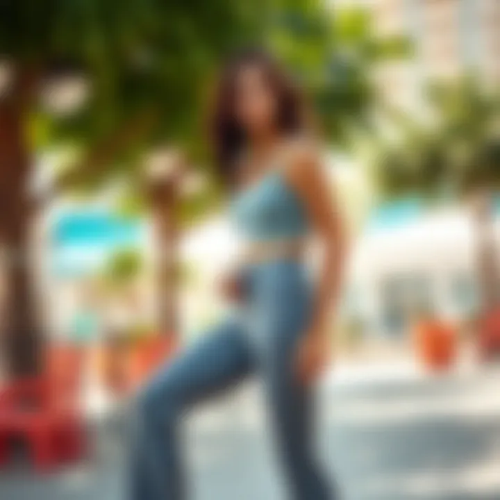 A model showcasing various styling options for grey bootcut yoga pants in a vibrant setting.