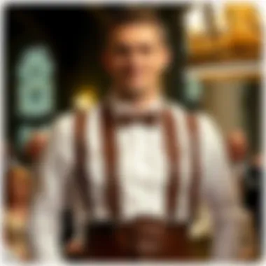 Groom in Leather Suspenders at Wedding A groom wearing leather suspenders during a wedding ceremony