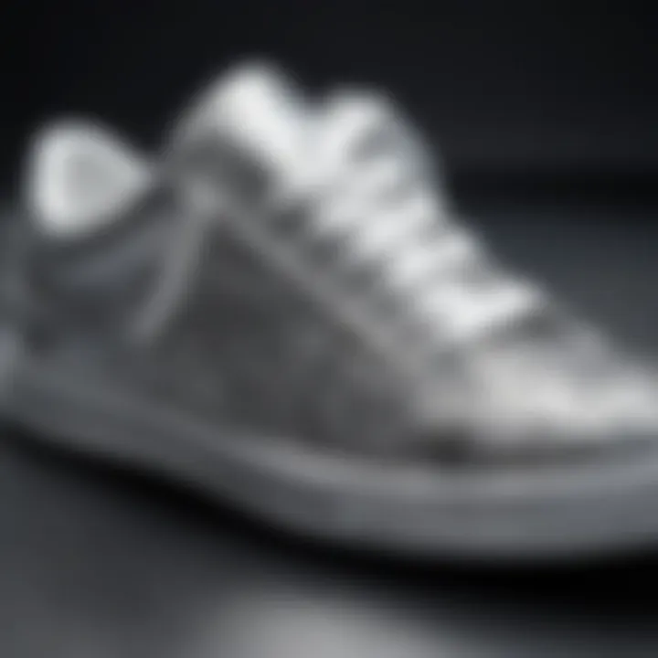 Close-up of silver sparkle tennis shoes showcasing intricate design elements