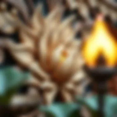 Close-up of intricate lotus-themed wall decor made of natural materials