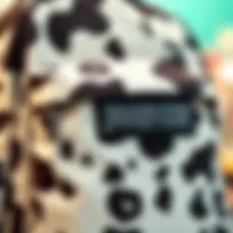 Close-up view of the Jansport cow print backpack showcasing its unique fabric texture