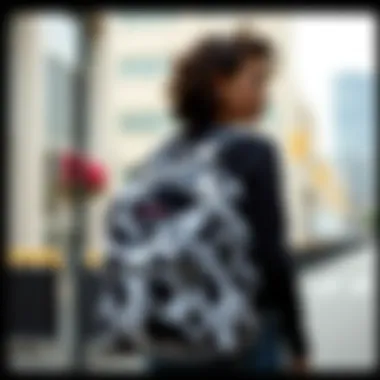 A stylish individual wearing the Jansport cow print backpack in an urban setting