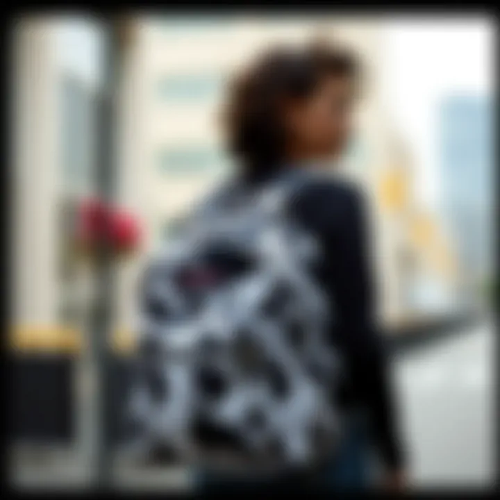 A stylish individual wearing the Jansport cow print backpack in an urban setting