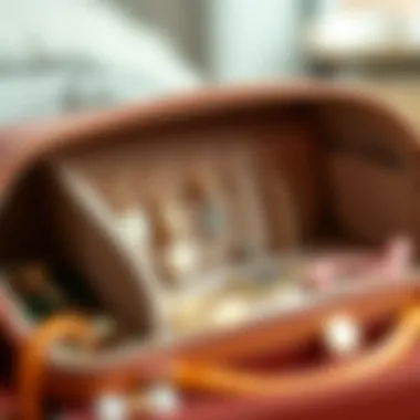 A close-up of the interior design of a jewelry holder bag, highlighting its organizational features