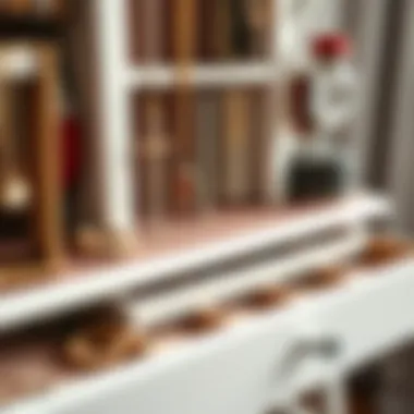 Close-up of a jewelry stand with drawers and organized compartments