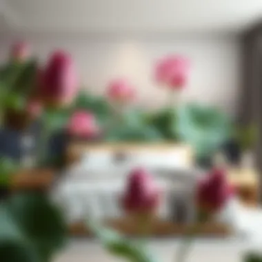 An elegant lotus flower mural enhancing a serene bedroom atmosphere