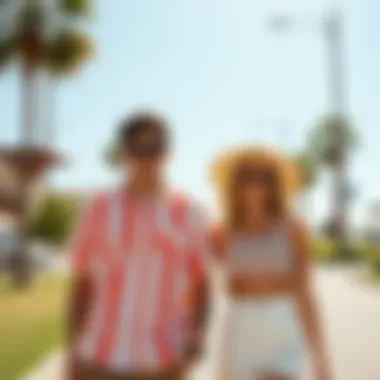 Casual couple exhibiting playful matching styles during a sunny day.