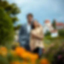 Elegant couple showcasing their coordinated outfits in a picturesque setting.