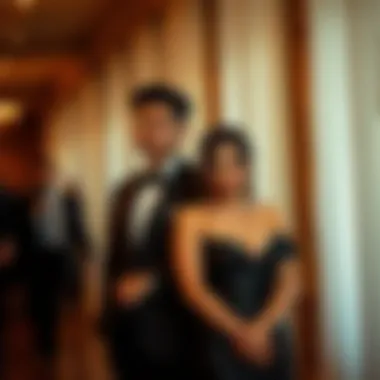 Formal couple adorned in matching attire at a sophisticated gala.