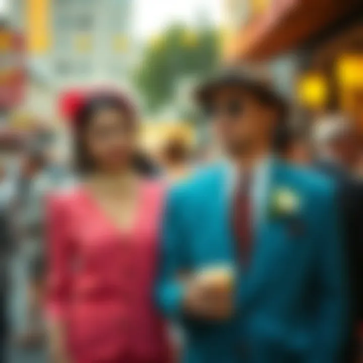 A vintage-inspired duo dressed in complementary colors at a social event.