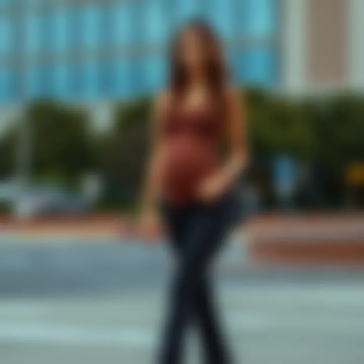 A fashionable look featuring maternity flare yoga pants paired with a trendy top.