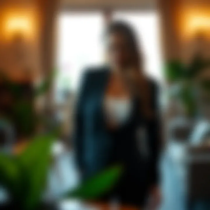 User testimonial with a maternity stomach band in a stylish setting