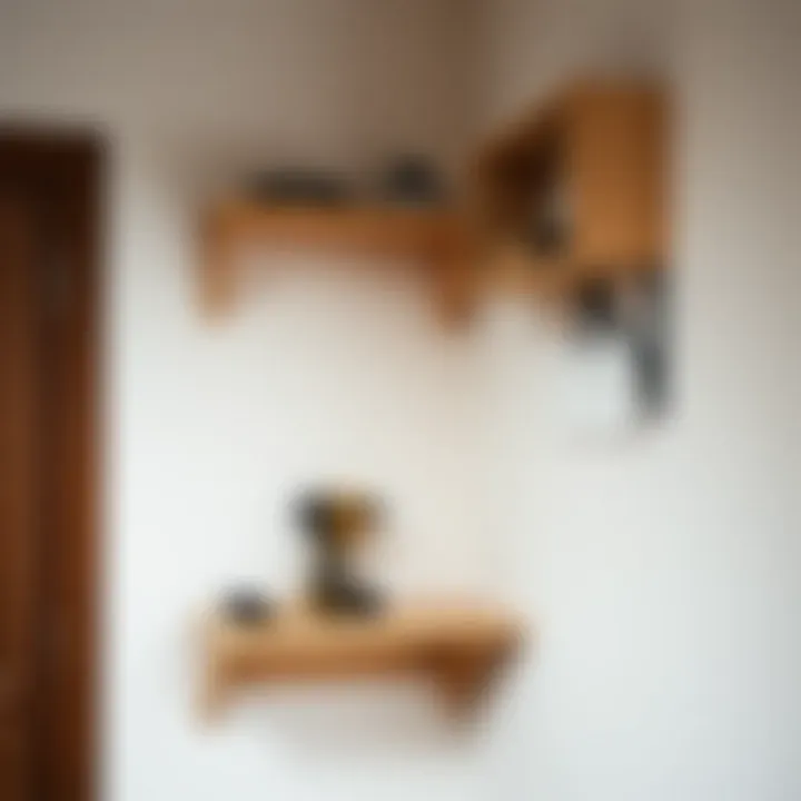 Corner shelf installation process with tools and materials