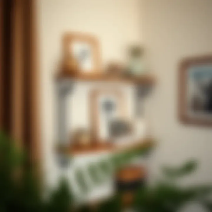 A rustic wooden corner shelf displaying decorative items