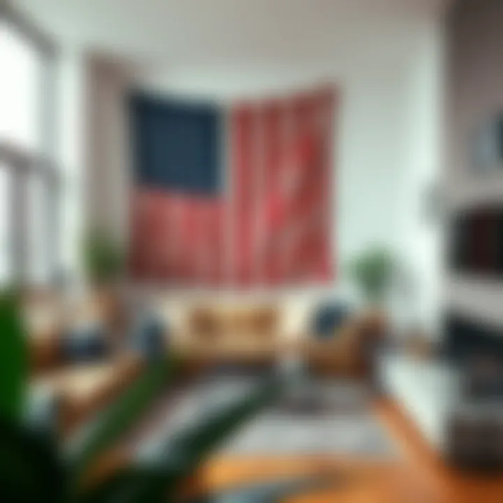 A modern living room featuring a prominently displayed American flag tapestry as a central decor piece.