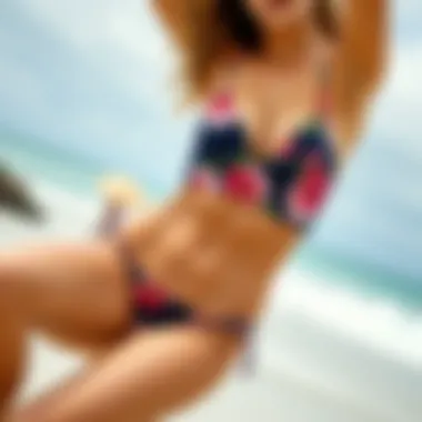 Navy Floral Swimwear on a Scenic Beach A stylish navy floral swimsuit showcased on a scenic beach