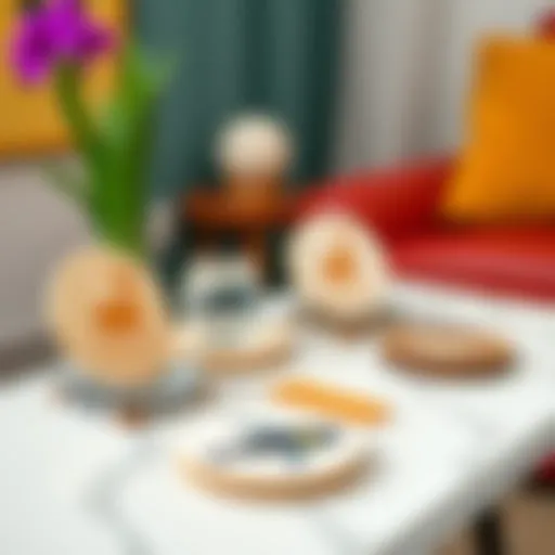 Artistic display of unique novelty coasters on a stylish table