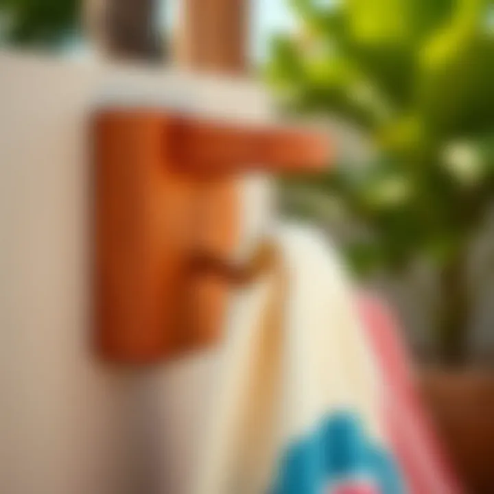 Wooden Towel Hook Detail Close-up of a wooden towel hook with beach towels