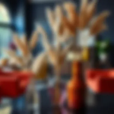 Vibrant interior space featuring pampas grass in various vases