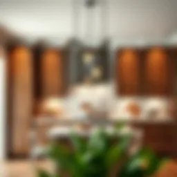 Elegant interior featuring wood grain contact paper on cabinets