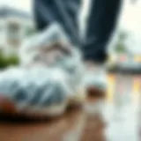 Close-up view of plastic shoe covers protecting shoes from rain