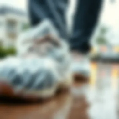 Close-up view of plastic shoe covers protecting shoes from rain