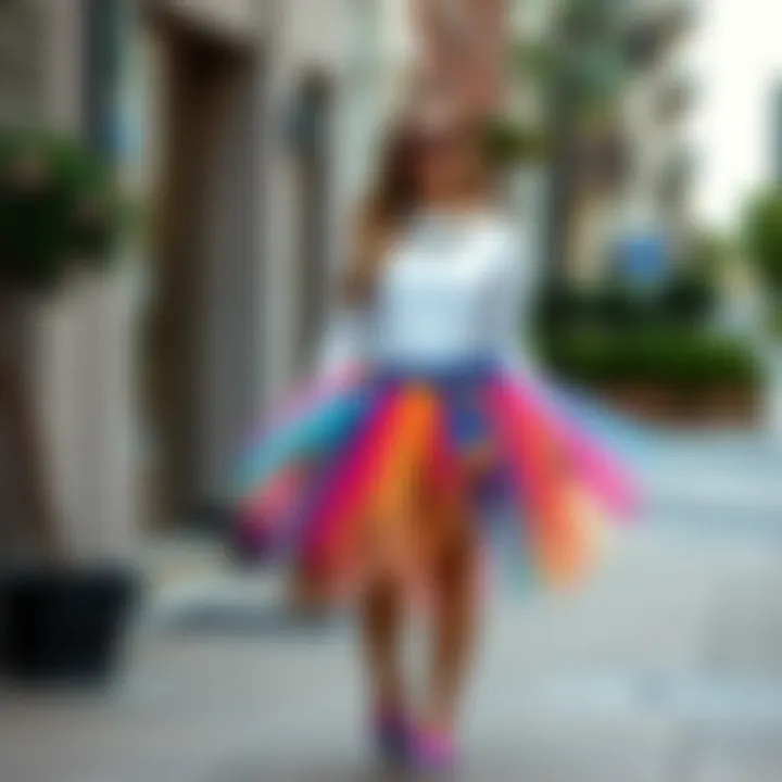 Stylish ensemble featuring an adult rainbow tutu paired with chic accessories