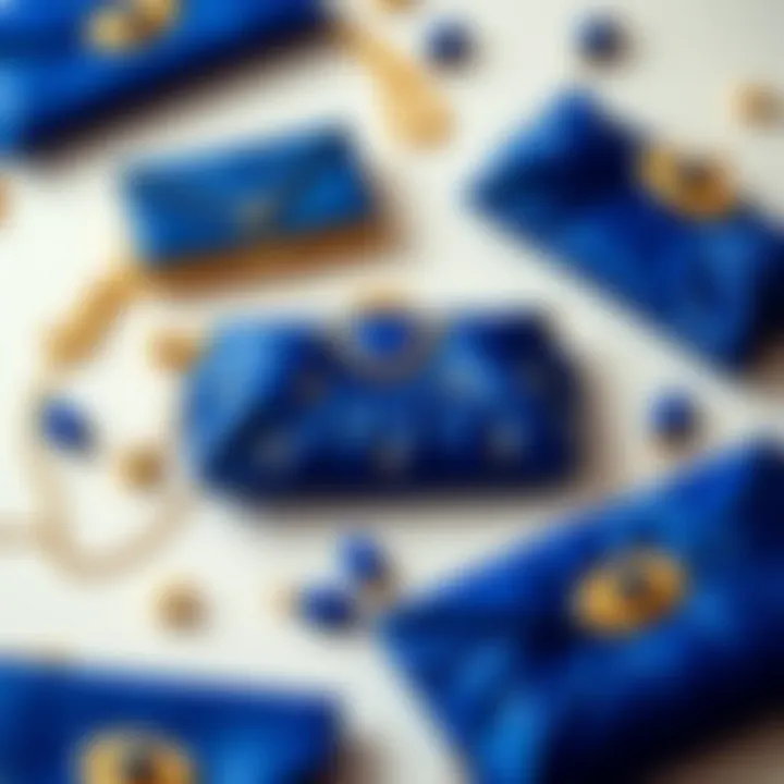 A flat lay showcasing various royal blue clutch designs