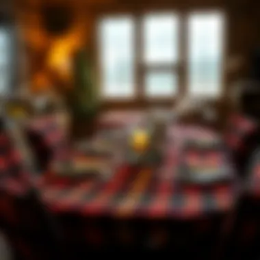A cozy living space featuring buffalo plaid table covers complementing rustic decor.