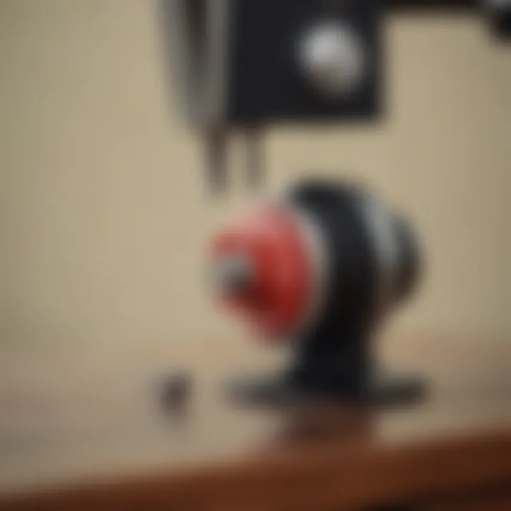 Sewing machine with a spool cap in action, demonstrating thread management.