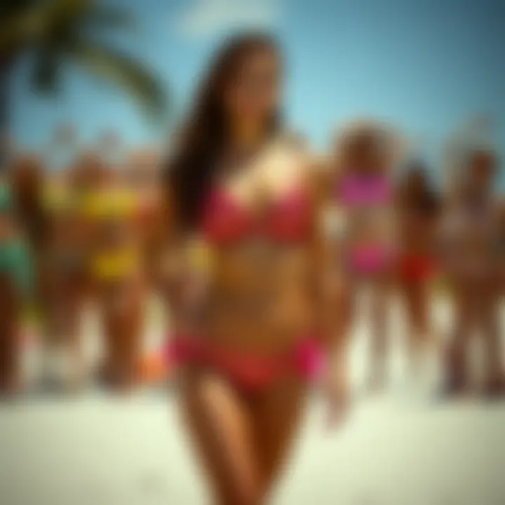 Vibrant collection of shiny bikinis displayed on a beach