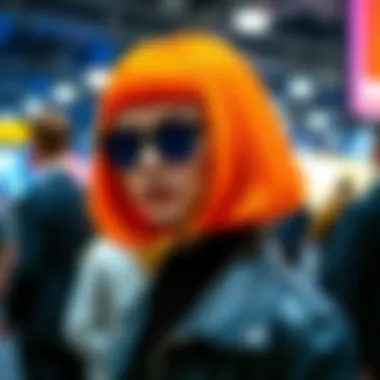 A stylish individual confidently wearing a short orange wig at a fashion event.