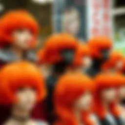 A vibrant display of short orange wigs showcasing various styles.