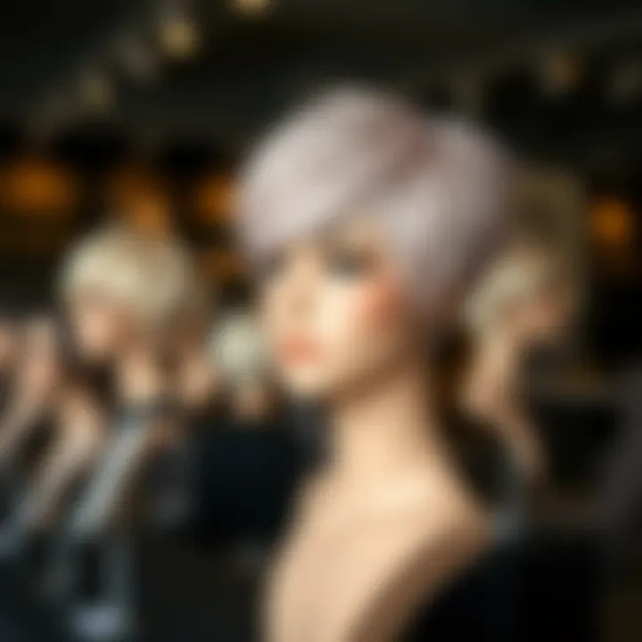 An elegant display of various short pixie wig styles on mannequins